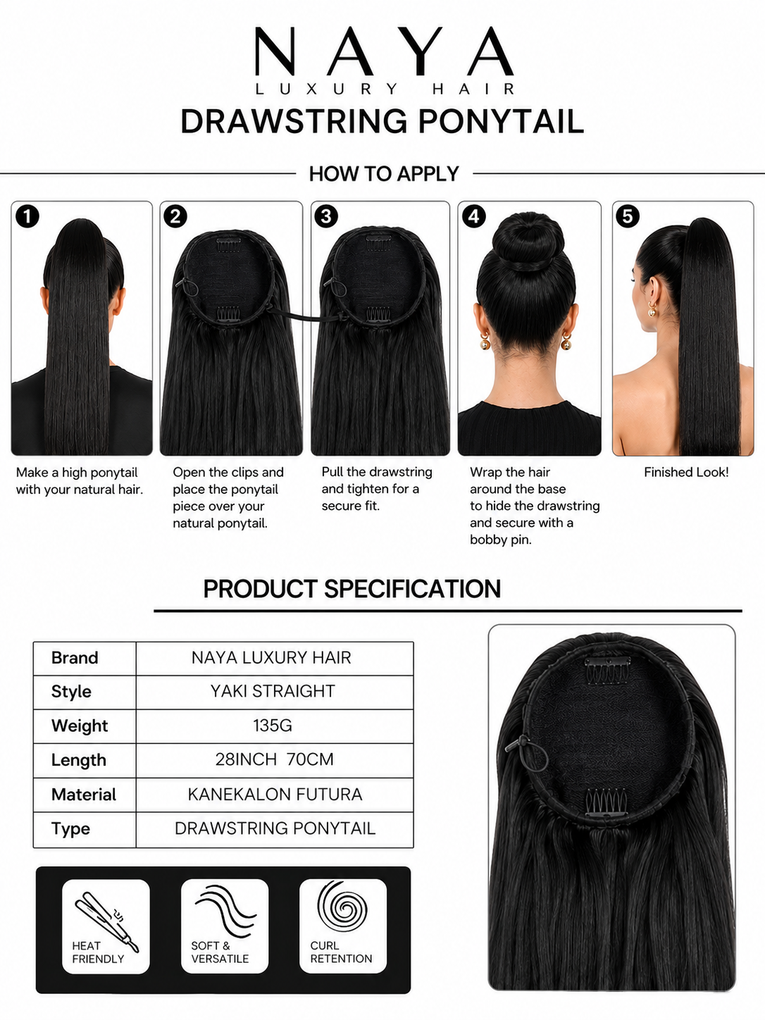 NAYA Luxury Hair Drawstring Ponytail – Yaki Straight 70cm